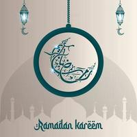 Ramadan kareem inglese tipografia. un islamico saluto testo nel inglese per santo mese Ramadan kareem . islamico sfondo con metà Luna vettore