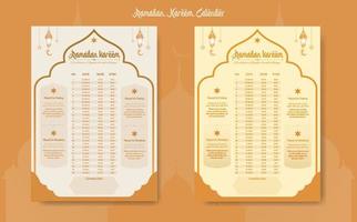 Ramadan tempo calendario 2023 con preghiera volte nel Ramadan. Ramadan programma - digiuno, iftar, e preghiera orario. islamico sfondo design con moschea e lampada. vettore