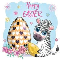 zebra con Pasqua uovo, fiori. Pasqua saluto carta vettore