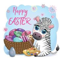 zebra con Pasqua uovo, fiori. Pasqua saluto carta vettore