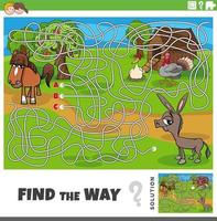 trova il modo labirinto gioco con cartone animato azienda agricola animali vettore