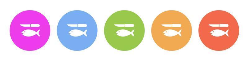 Multi colorato piatto icone su il giro sfondi. pesce e un' coltello multicolore cerchio vettore icona su bianca sfondo