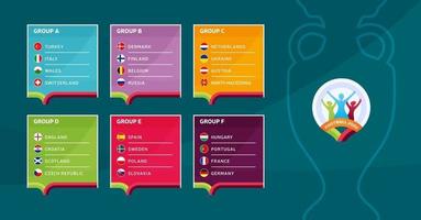 illustrazione di riserva di vettore dei gruppi della fase finale del torneo di calcio europeo 2020. Torneo europeo di calcio 2020 con sfondo. bandiere del paese di vettore