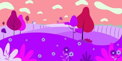 vettore illustrazione nel semplice minimo geometrico piatto stile - villaggio paesaggio con edifici, colline, fiori e alberi - astratto sfondo per intestazione immagini per siti web, striscioni, coperture