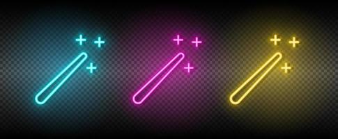 Magia, bastone, procedura guidata vettore icona giallo, rosa, blu neon impostare. utensili vettore icona su buio trasparenza sfondo