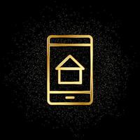 app, Casa, mobile oro icona. vettore illustrazione di d'oro particella sfondo. vero tenuta concetto vettore illustrazione .