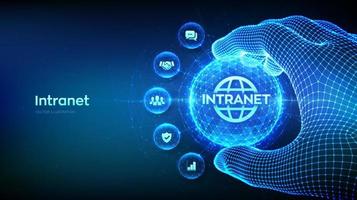 intranet. globale Rete connessione tecnologia concetto nel il forma di poligonale sfera nel wireframe mano. intranet attività commerciale aziendale comunicazione documento gestione sistema dm. vettore illustrazione