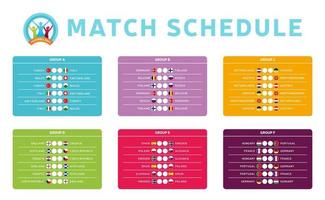 illustrazione di riserva di vettore dei gruppi della fase finale del torneo di calcio 2020 con il programma delle partite. Tavolo da torneo europeo di calcio 2020 con sfondo. bandiere del paese di vettore