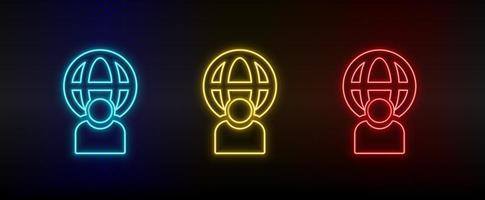 neon icona impostato utente, globale. impostato di rosso, blu, giallo neon vettore icona su buio trasparente sfondo
