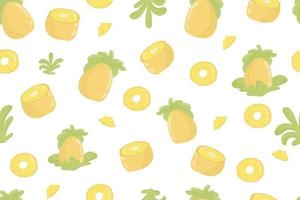 modello senza cuciture fresco di frutta ananas. ananas e foglie sul modello senza cuciture giallo. design moderno di frutta esotica tropicale per carta da imballaggio, tessile, banner, web, app. frutti di ananas giallo succoso brillante e foglie verdi morbide vettore