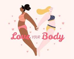 piatto illustrazione di Due contento Multi etnico donne nel bikini in piedi nel cuore sagomato postura. concetto di amore il tuo corpo e corpo positività.