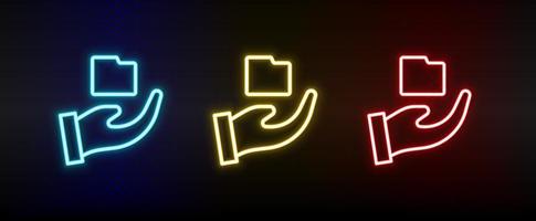 cartella, Salva, Conservazione, Condividere neon icona impostare. impostato di rosso, blu, giallo neon vettore icona su buio trasparente sfondo