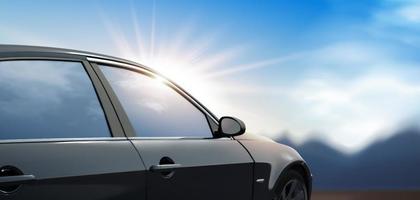 3d illustrazione di un' generico nero auto con sole splendente a partire dal dietro, all'aperto blu cielo sfondo vettore
