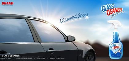 bicchiere addetto alle pulizie anno Domini striscione. 3d illustrazione di un' realistico auto all'aperto su un' luminosa soleggiato giorno con addetto alle pulizie spray bottiglia pacchetto vettore