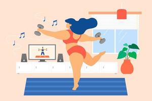 piatto illustrazione di femmina fare fitness formazione a casa. donna esercizio con manubri di Guardando in linea lezione su il computer portatile vettore