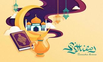mezzaluna e moschea mostrare su a partire dal misterioso viola Fumo, papercut stile saluto design adatto per Ramadan, eid al Fitr o hari Raya. calligrafia traduzione, Ramadan kareem vettore