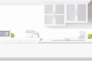 3d illustrazione di sfocato casa cucina sfondo. adatto per Prodotto Schermo. bianca interno interni Compreso lavello, scaffali, microonde forno e contatore superiore. vettore