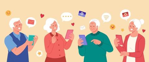 esperto di tecnologia anziani utilizzando telefoni. piatto illustrazione di vecchio persone godendo invio messaggi, assunzione fotografie e ricevente messaggi di posta elettronica su smartphone vettore