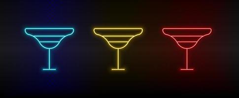 neon icona impostato alcol, cocktail, bere. impostato di rosso, blu, giallo neon vettore icona su buio sfondo