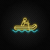 rafting, uomo. blu e giallo neon vettore icona. buio sfondo.