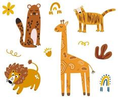 africano animali collezione. giraffa, Leone, leopardo, tigre e fiori con le foglie. giungla e safari. Perfetto per bambino manifesti, carte, stampe Abiti. vettore infantile divertente scarabocchio illustrazione.