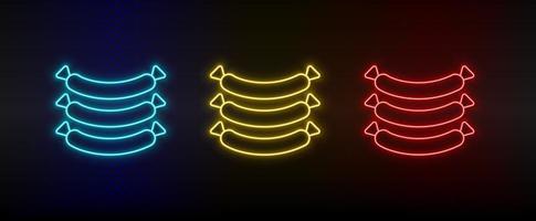 neon icona impostato salsicce . impostato di rosso, blu, giallo neon vettore icona su buio sfondo