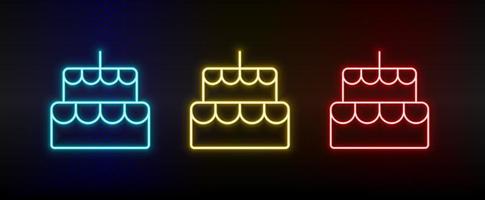 neon icona impostato forno, torta. impostato di rosso, blu, giallo neon vettore icona su buio sfondo