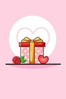 illustrazione del fumetto del regalo, della rosa e del cuore di San Valentino vettore