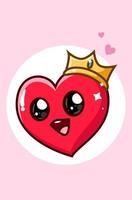 un cuore carino e felice che indossa un'illustrazione di cartone animato corona vettore