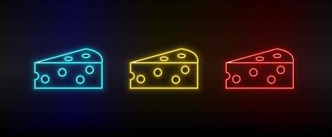 neon icona impostato formaggio pezzo. impostato di rosso, blu, giallo neon vettore icona su buio sfondo
