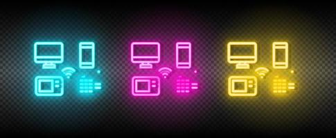 trasmissione, computer, media neon icona impostare. media marketing vettore illustrazione neon blu, giallo, rosso icona impostato