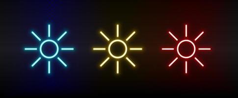 luminosità, sole neon icona impostare. impostato di rosso, blu, giallo neon vettore icona su buio trasparente sfondo