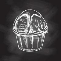 disegnato a mano schizzo di un ghiaccio crema, Cupcake con cioccolato salsa nel un' tazza isolato su lavagna sfondo, bianca disegno. vettore Vintage ▾ inciso illustrazione.