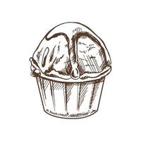 un' disegnato a mano schizzo di un ghiaccio crema, Cupcake con cioccolato salsa nel un' tazza. Vintage ▾ illustrazione. elemento per il design di etichette, confezione e cartoline. vettore
