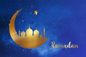 Ramadan concetto nel mezzaluna Luna forma con Arabo islamico moschea per santo mese di musulmano Comunità Festival celebrazione, vettore oro silhouette isolato su blu stellato cielo sfondo