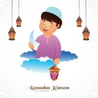 Ramadan kareem saluto carta con bellissimo musulmano bambini Tenere Arabo lanterna design vettore