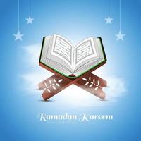 santo libro di il Corano su il In piedi Ramadan kareem carta sfondo vettore