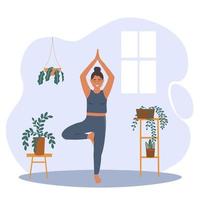 un' donna fa yoga a casa nel un' camera, sta su uno gamba. esercizi per meditazione, Salute, allungamento. vettore piatto grafica.