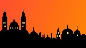 Ramadan sfondo di silhouette moschea nel tramonto per islamico design. design grafico di moschea per Ramadan saluto nel musulmano cultura e Islam religione. paesaggio illustrazione Ramadan cultura vettore