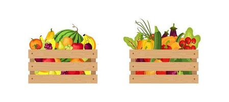 di legno scatole con fresco verdure e frutta vettore