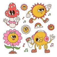 impostato di retrò cartone animato personaggi con viso espressioni. retrò Groovy contorno grafico fiori, fungo, fusione giallo emoji, sole. Vintage ▾ 70s stile adesivi. carino colorato vettore illustrazione.