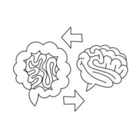 intestino cervello asse lineare concetto. cervello e stomaco con frecce linea illustrazione. cervello intestino connessione. psicobiotico medico scientifico scoperta. vettore nero su bianca illustrazione