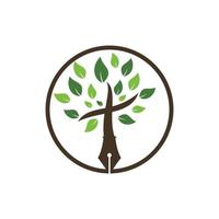 albero penna e attraversare vettore logo design modello. Bibbia apprendimento e insegnamento classe.