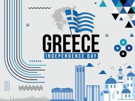 Grecia indipendenza giorno 25 marzo bandiera design con greco bandiera, colori tema sfondo, carta geografica, testo, punti di riferimento, geometrico astratto blu nero bianca colori vettore illustrazione greco indipendenza giorno