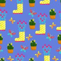 stivali gialli a pois pieni di fiori, farfalla, cactus in una pentola fiorisce con fiori gialli, motivo floreale senza soluzione di continuità, illustrazione vettoriale in stile cartone animato, disegnare a mano.