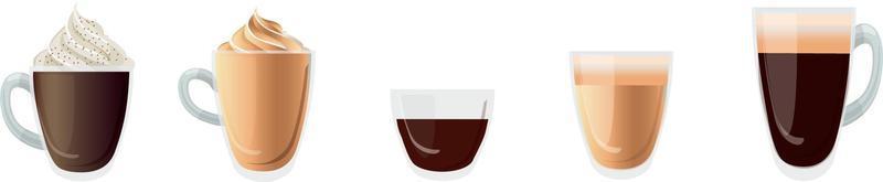 caffè tazze. caldo delizioso bevande nel trasparente bicchieri bevanda schiuma nel boccale caffè espresso moca Americano caffè decente vettore realistico modello