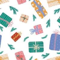 regalo scatole con nastro e fiocchi diverso forme e dimensioni senza soluzione di continuità modello. regali nel festivo involucro carta per Natale vacanza o compleanno. saldi, shopping concetto. vettore struttura