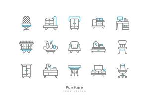 impostato di mobilia icone con semplice linea stile. contiene lampada, sedia, tavolo, credenza, armadio, libreria, letto, specchio e Di Più vettore