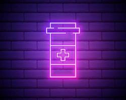 icona della bottiglia di medicina linea al neon incandescente isolato su priorità bassa del muro di mattoni. segno della pillola della bottiglia. progettazione di farmacie. illustrazione vettoriale