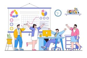 uomini d'affari celebrare progetto sviluppo e raggiungere bersaglio nel ufficio. attività commerciale processi flusso di lavoro gestione. schema design stile minimo vettore illustrazione per atterraggio pagina, eroe immagini